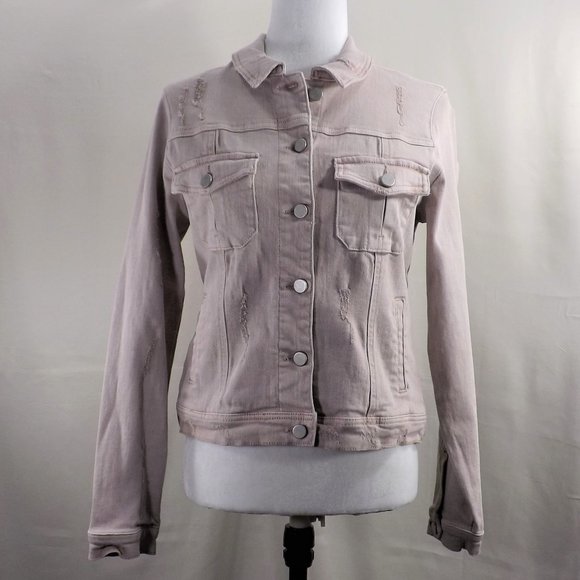 NWOT Dear John Beige Denim w Factory Distress & 4 Pockets Trucker Jean Jacket S - Picture 3 of 14